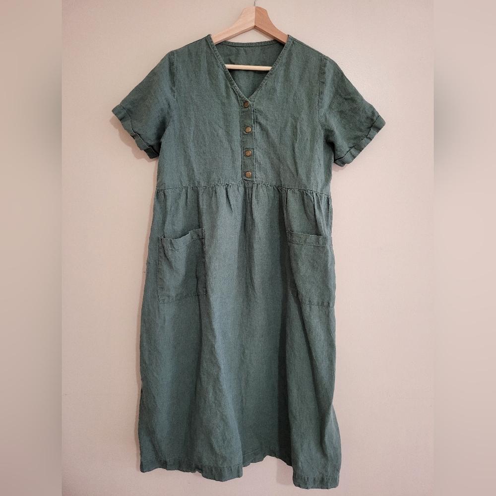 LinenbyMN 100% Linen Midi Dress Pine Green Medium